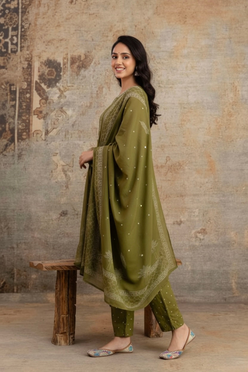 Gul Olive Green Thread worked Polka Kurta Pant Set