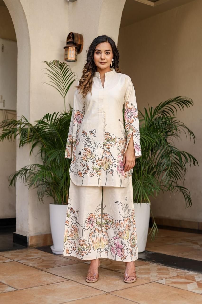 Cotton White Coloured Floral Cord-Set