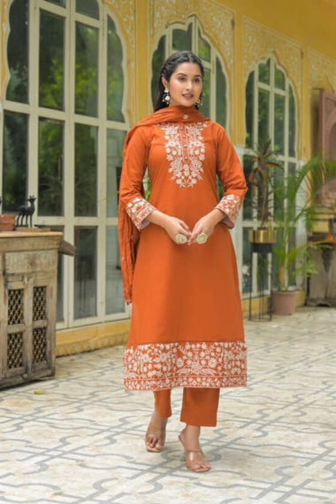 Bahara Rust Floral Embroidered A-Line Suit Set