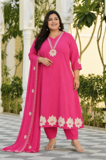 Gul Pink Floral Embroidered Plus Size Suit Set