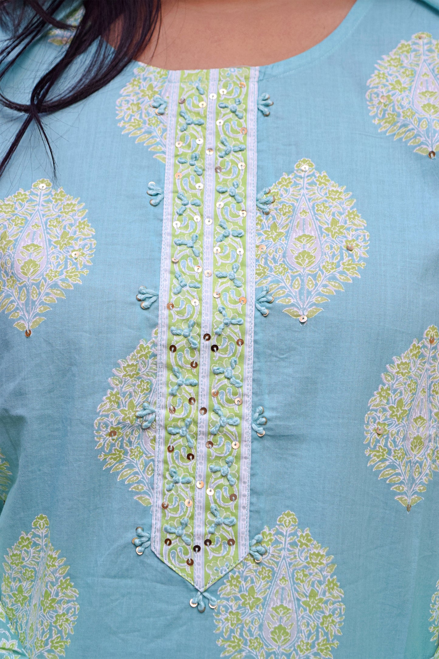 Gul Light Blue Thread Work Print Suit Set