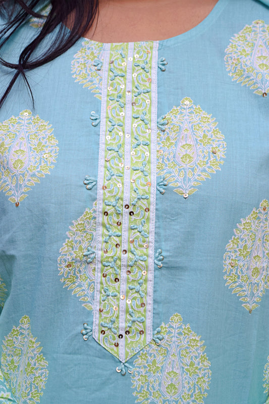 Gul Light Blue Thread Work Print Suit Set