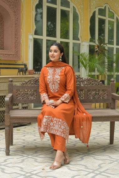 Bahara Rust Floral Embroidered A-Line Suit Set