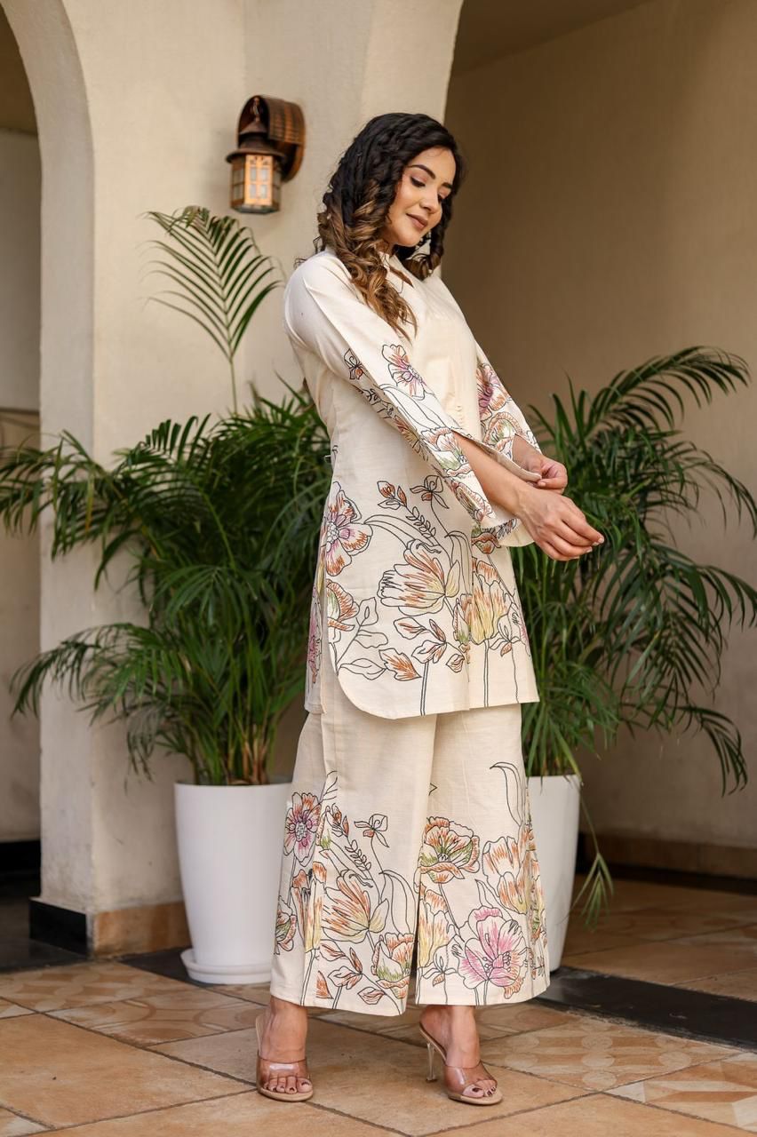 Cotton White Coloured Floral Cord-Set