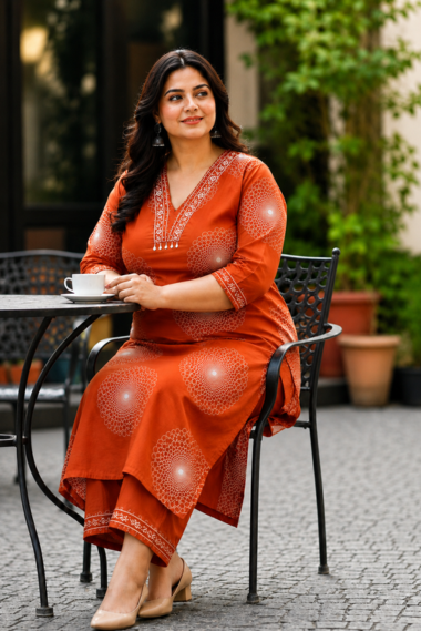 Gul Orange Block Print Plus Size Suit Set
