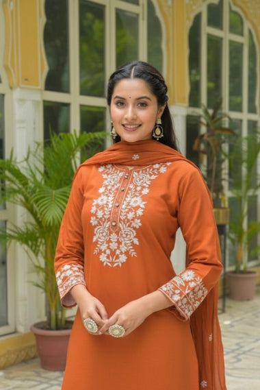 Bahara Rust Floral Embroidered A-Line Suit Set