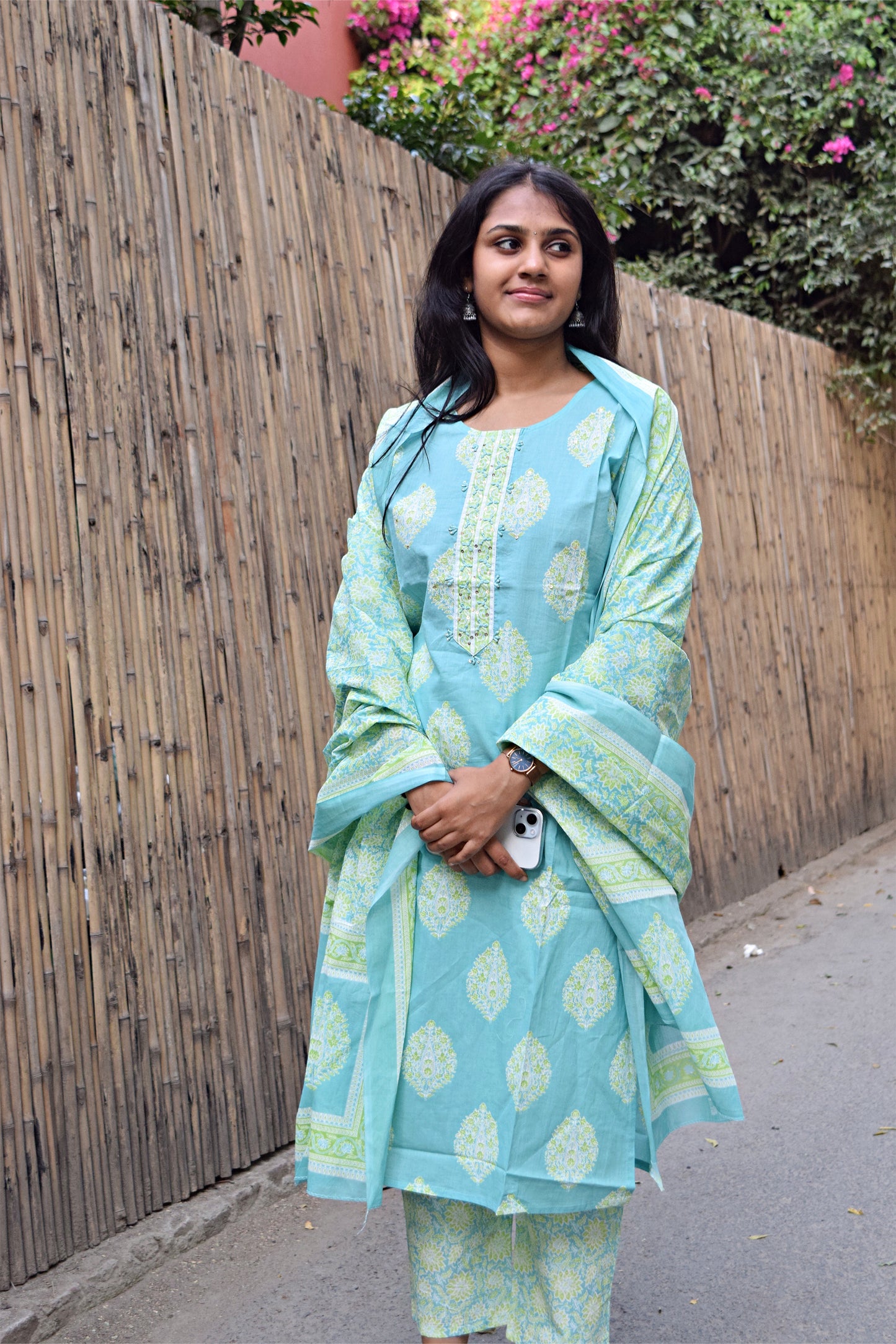 Gul Light Blue Thread Work Print Suit Set