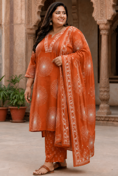 Gul Orange Block Print Plus Size Suit Set