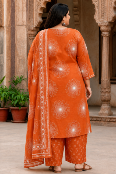 Gul Orange Block Print Plus Size Suit Set