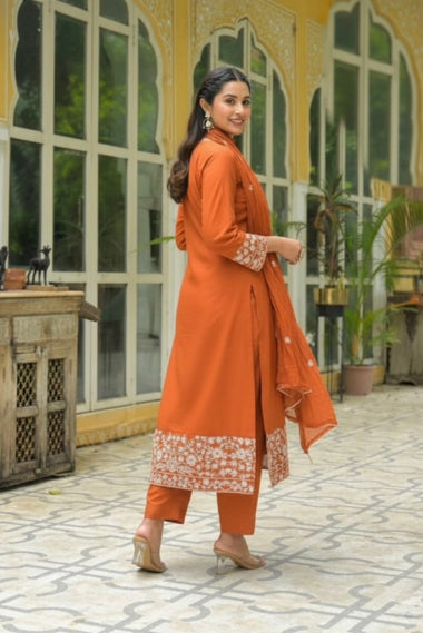 Bahara Rust Floral Embroidered A-Line Suit Set