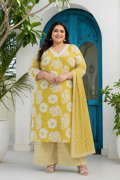 Bahara Yellow Bloom Printed Plus Size Suit Set