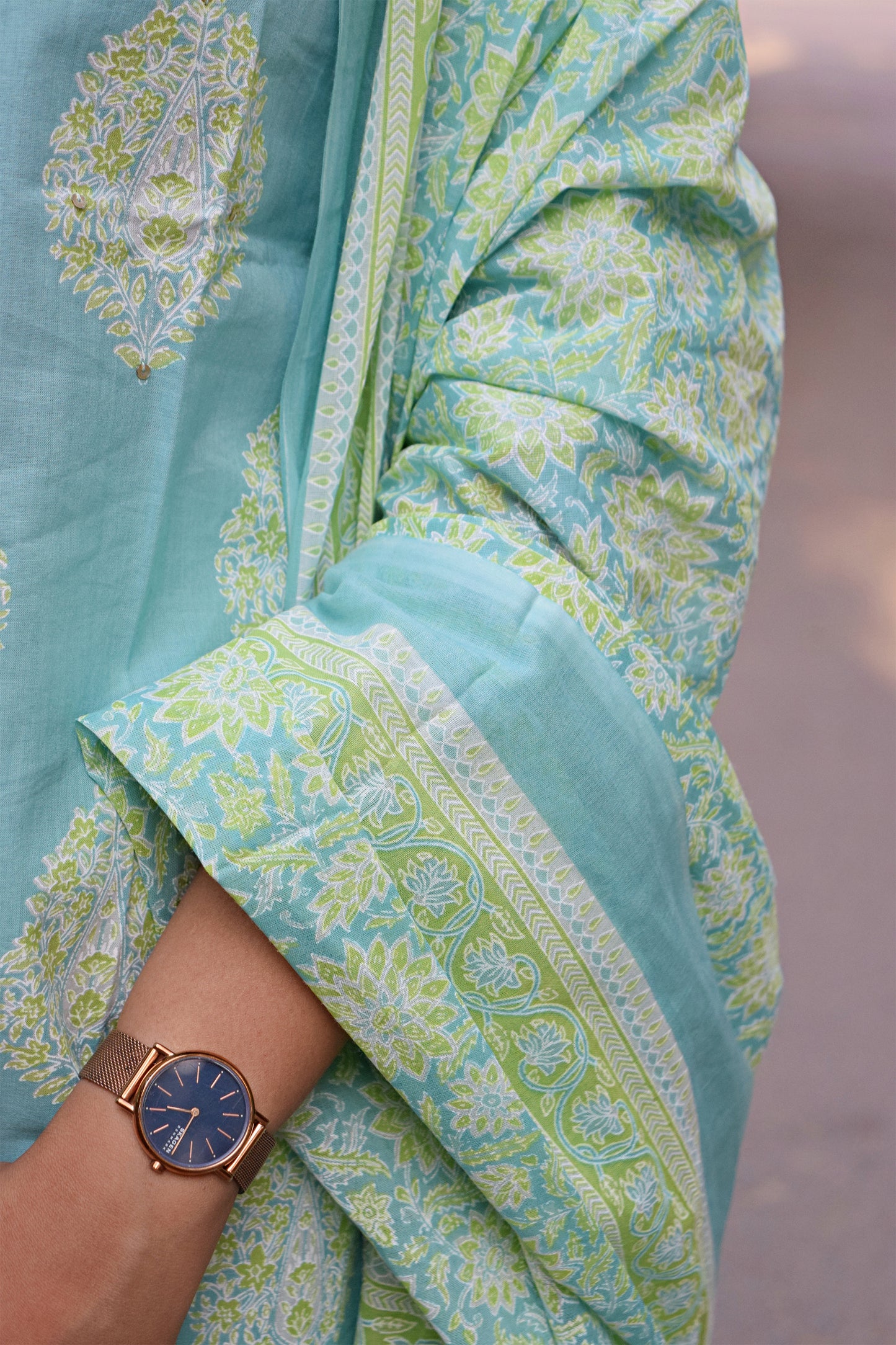 Gul Light Blue Thread Work Print Suit Set