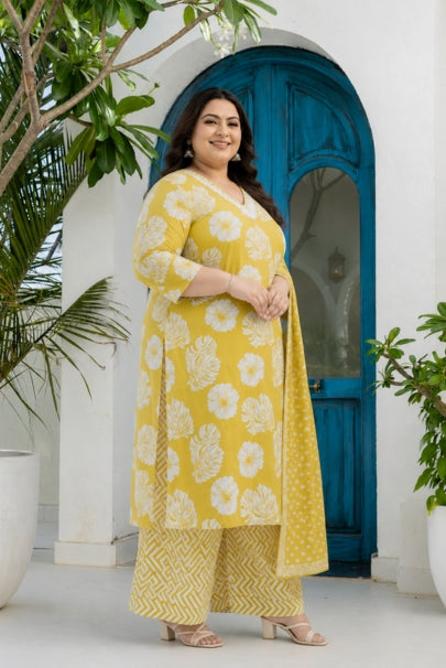 Bahara Yellow Bloom Printed Plus Size Suit Set