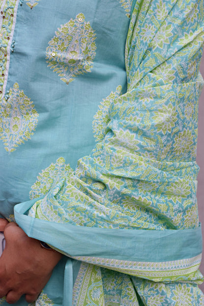 Gul Light Blue Thread Work Print Suit Set