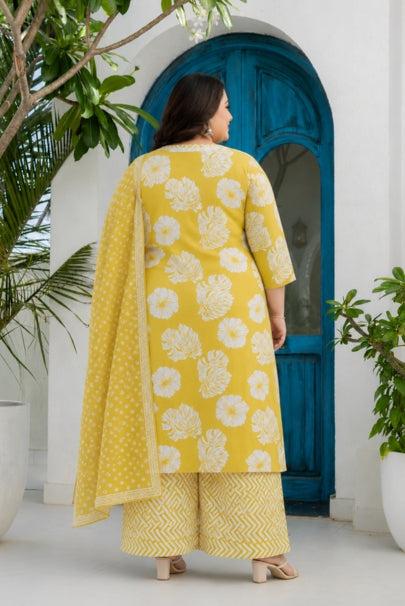 Bahara Yellow Bloom Printed Plus Size Suit Set