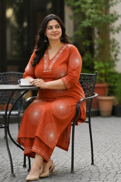 Gul Orange Block Print Plus Size Suit Set