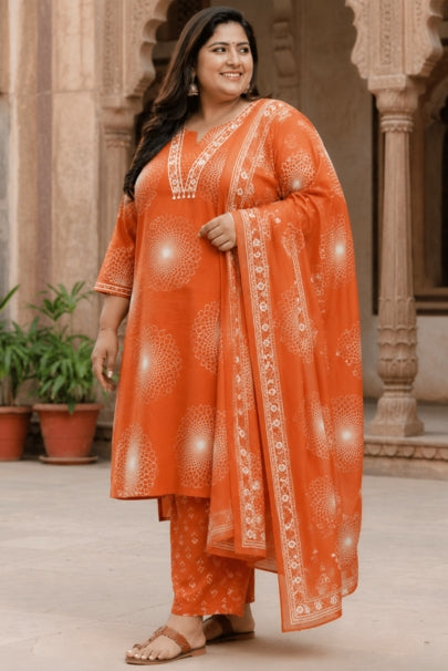 Gul Orange Block Print Plus Size Suit Set