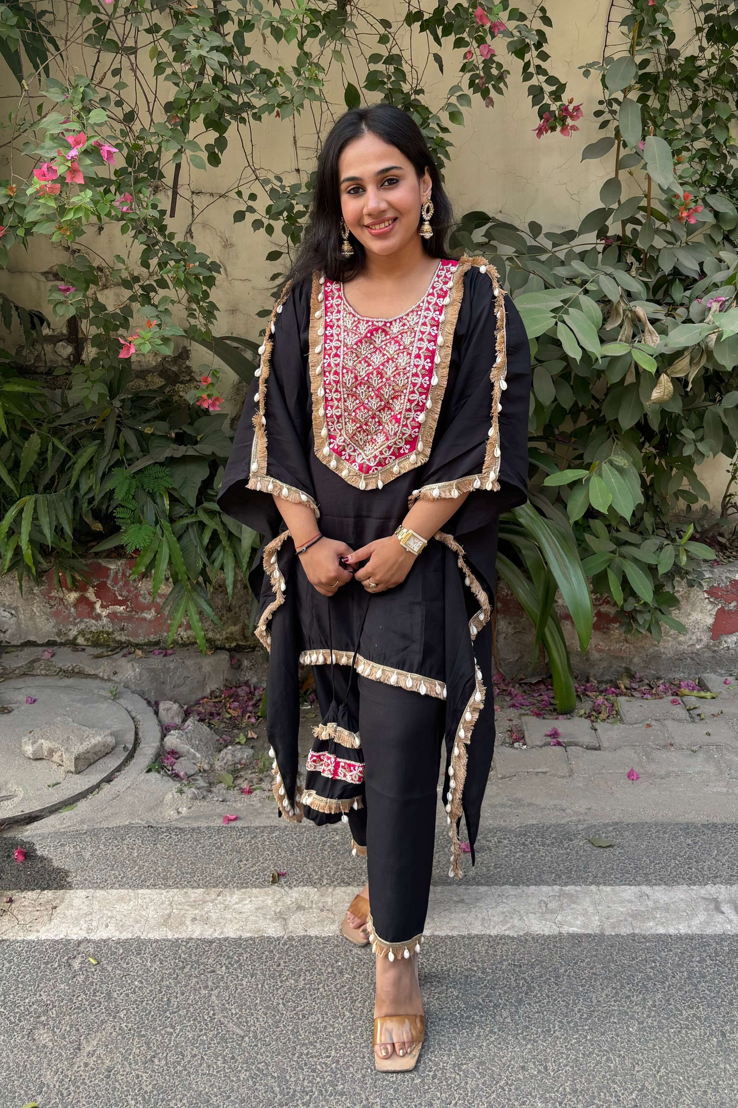 TARA Black Kaftan Hand Work Suit Set