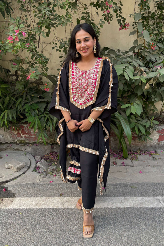 TARA Black Kaftan Hand Work Suit Set