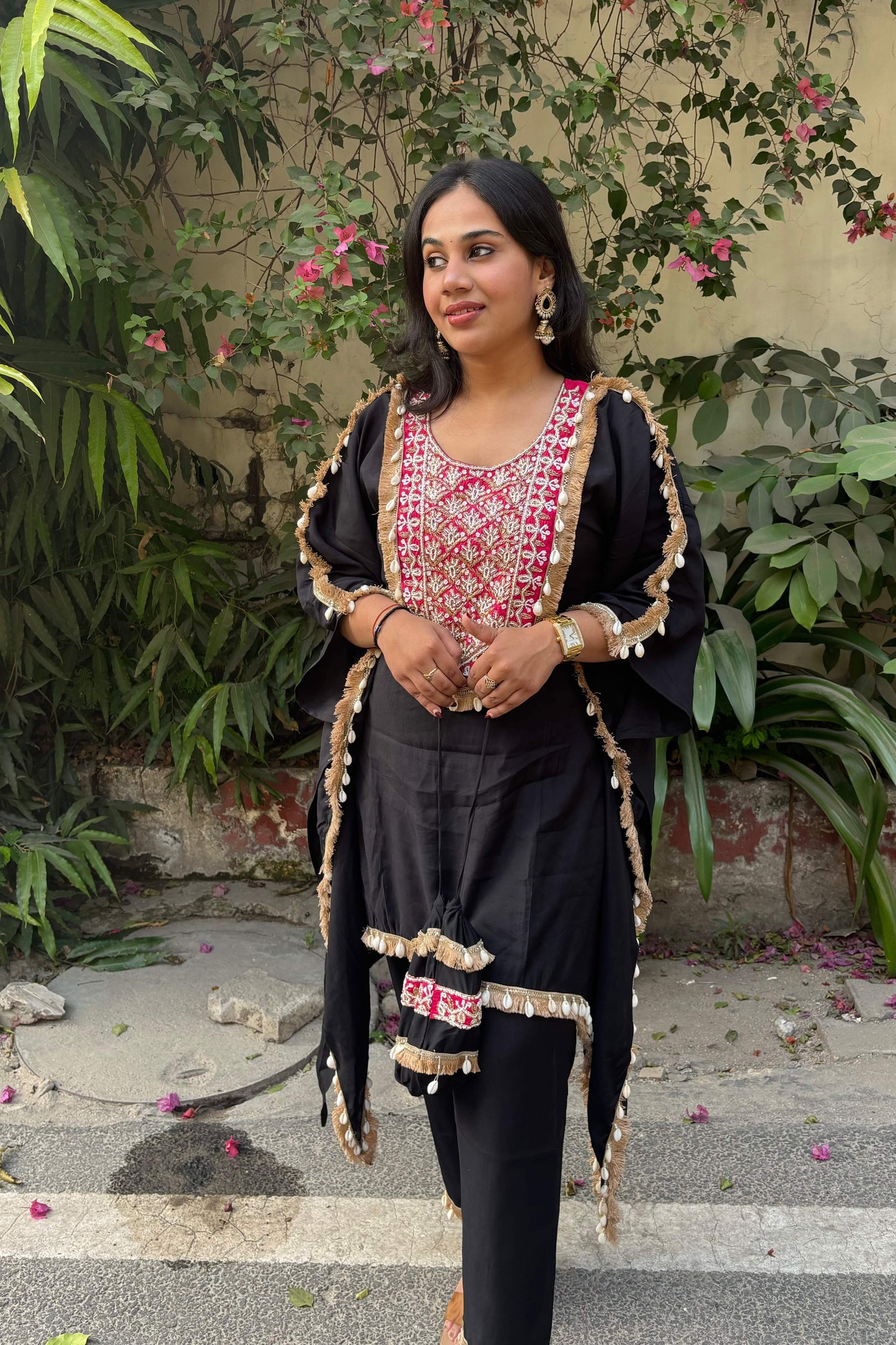TARA Black Kaftan Hand Work Suit Set
