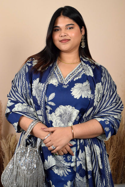 Gul Floral Blue V Neck Mirror Hand Work Suit Set