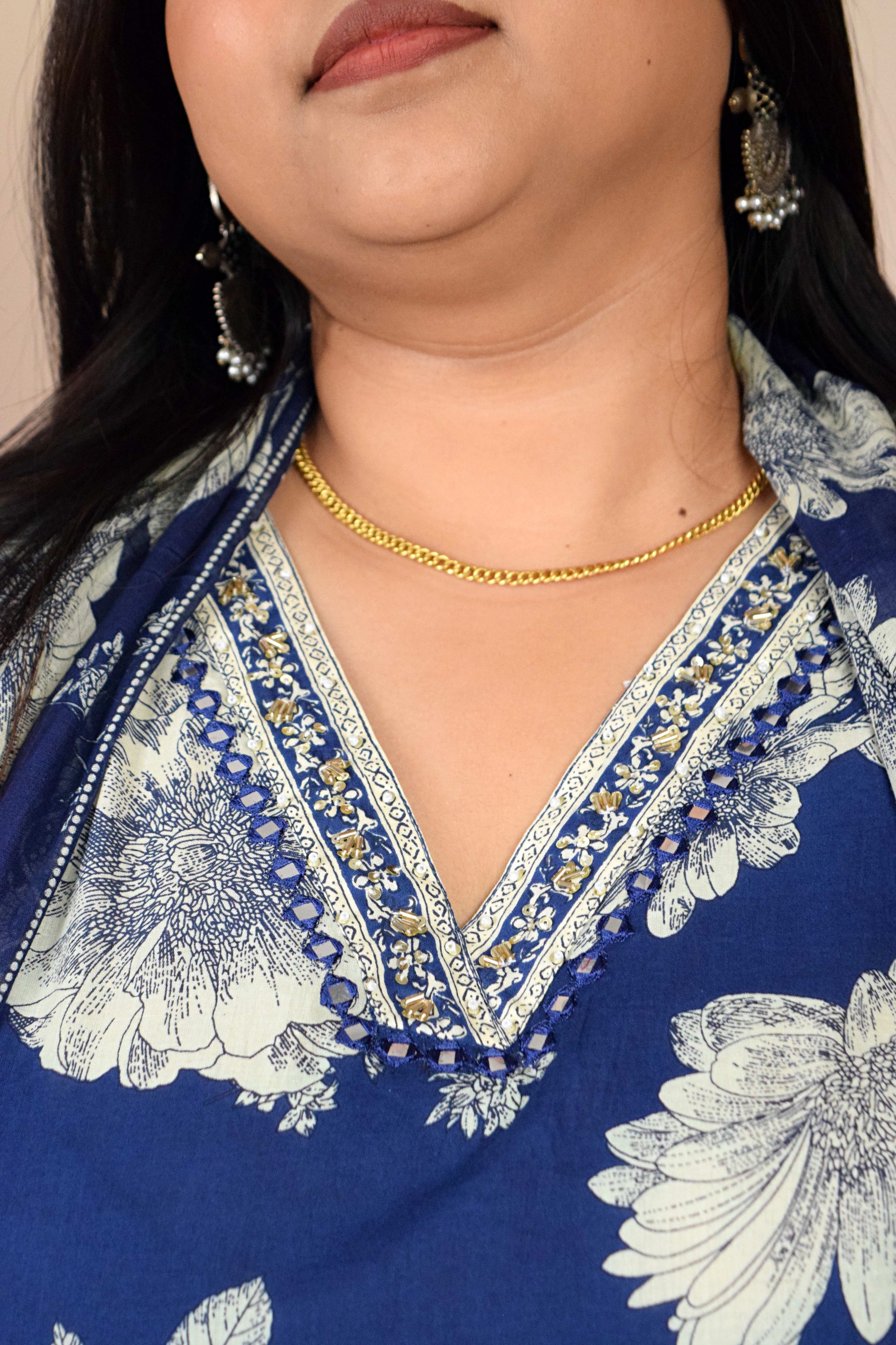 Gul Floral Blue V Neck Mirror Hand Work Suit Set