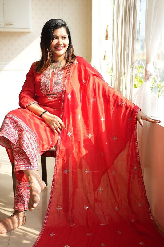 Shringar Red Handwork A-line Suit Set
