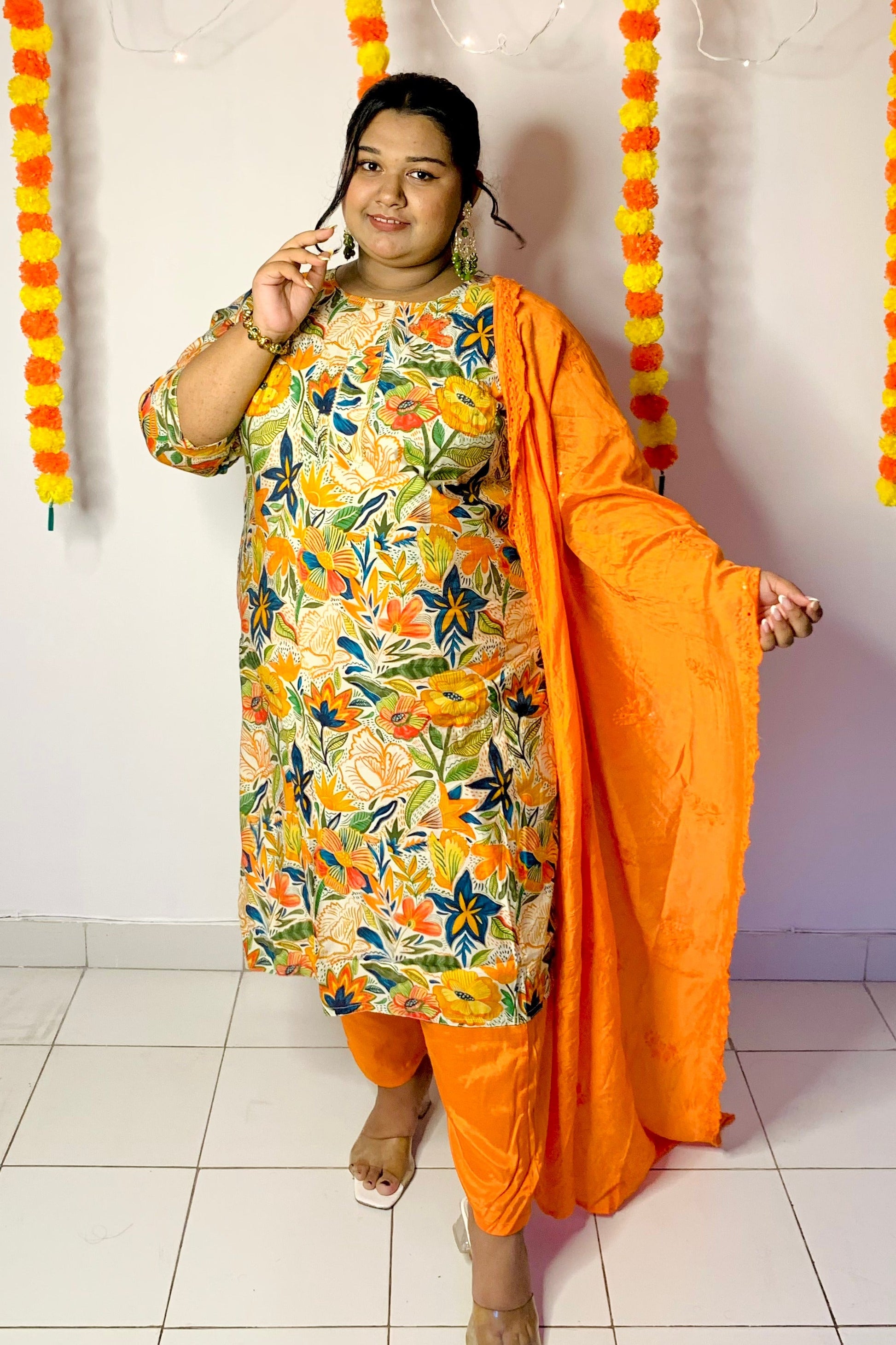 Bahara Narangi Floral A-Line Suit Set