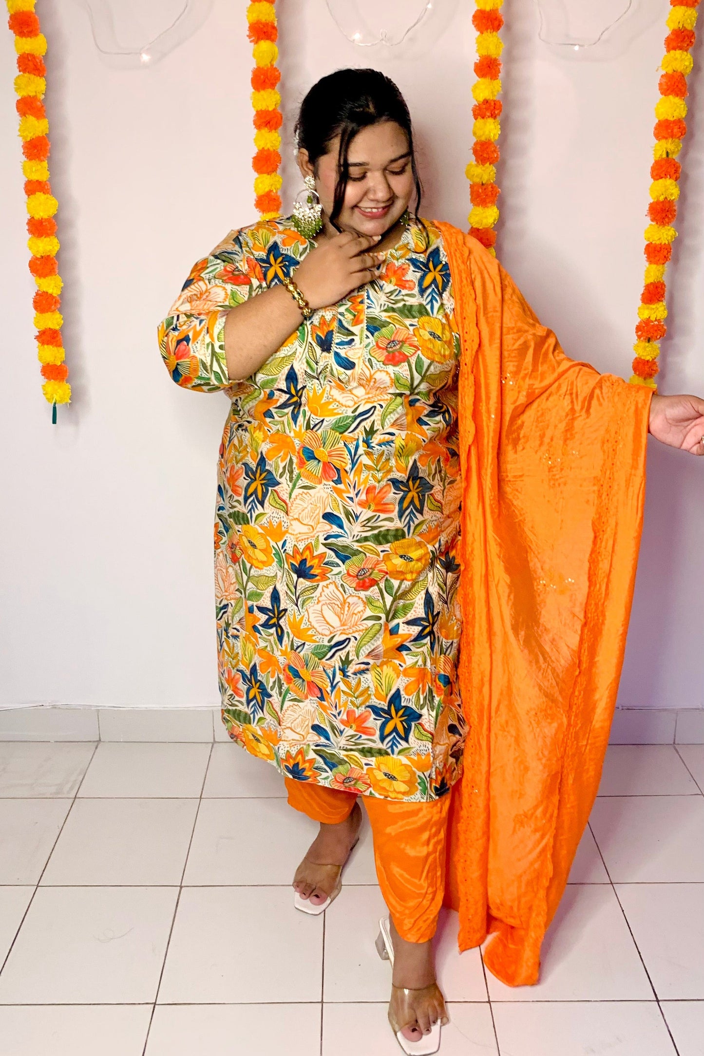 Bahara Narangi Floral A-Line Suit Set