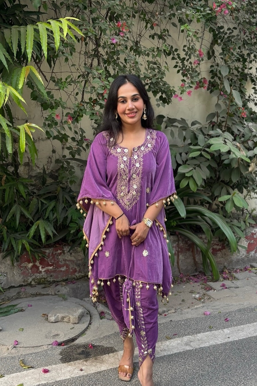 TARA Velvet Purple Hand Work Kaftan Set