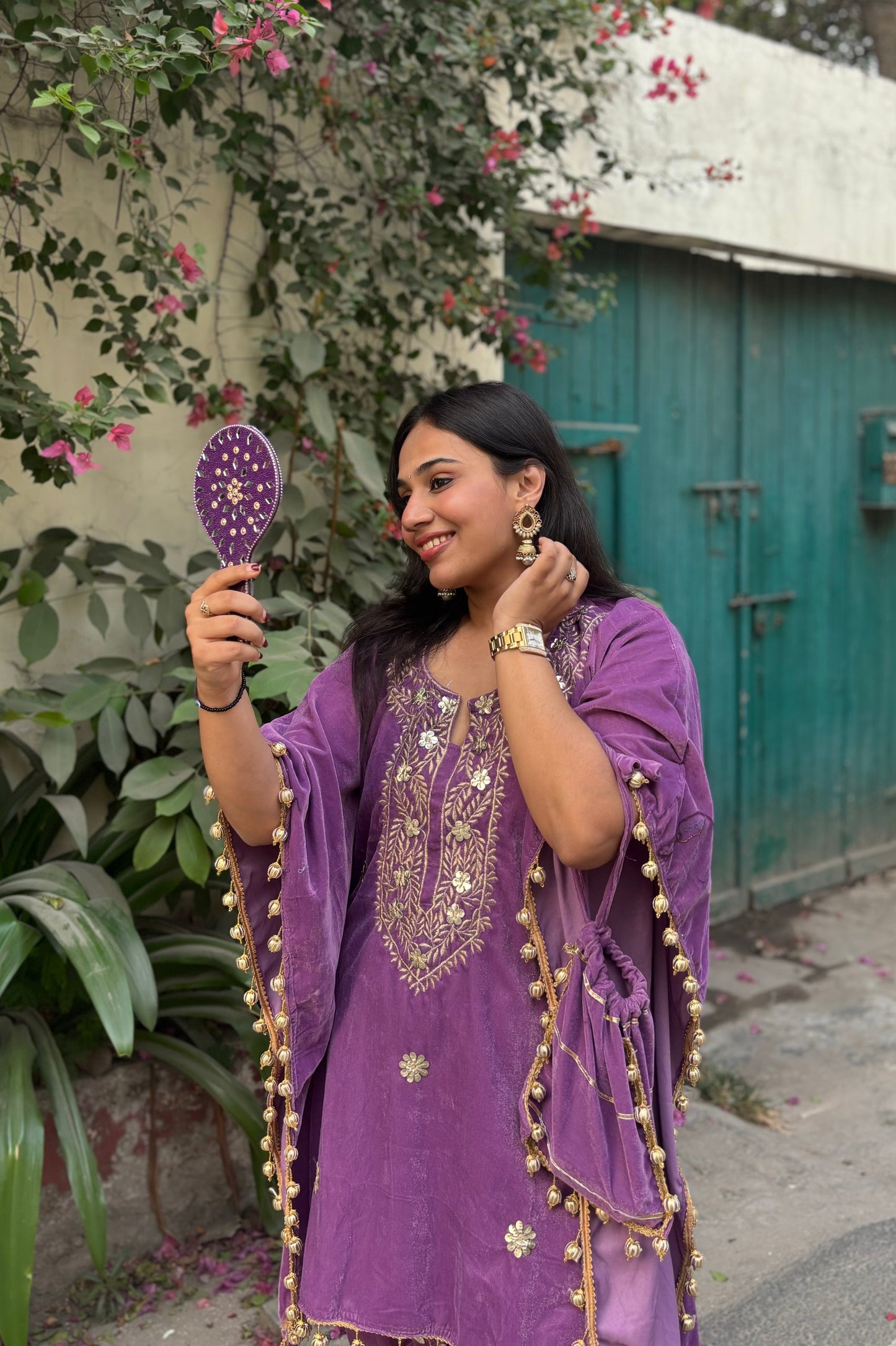 TARA Velvet Purple Hand Work Kaftan Set
