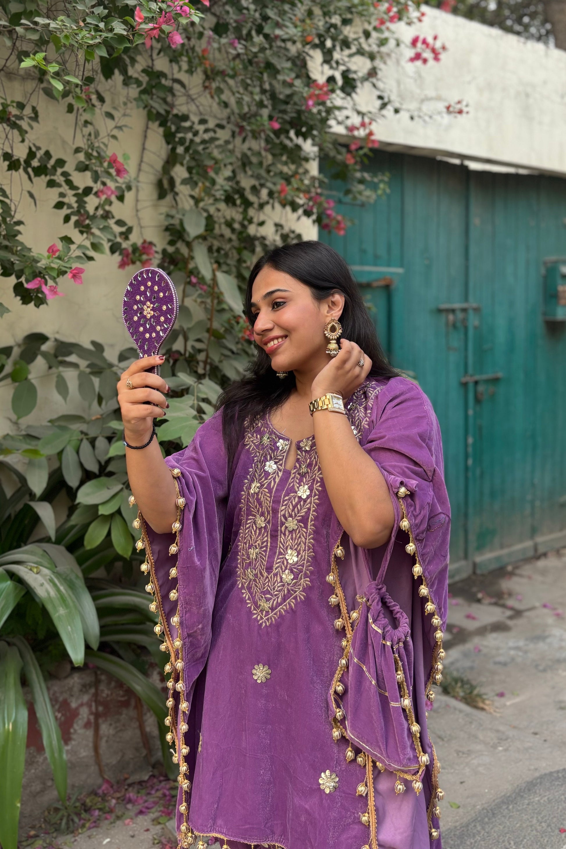 TARA Velvet Purple Hand Work Kaftan Set