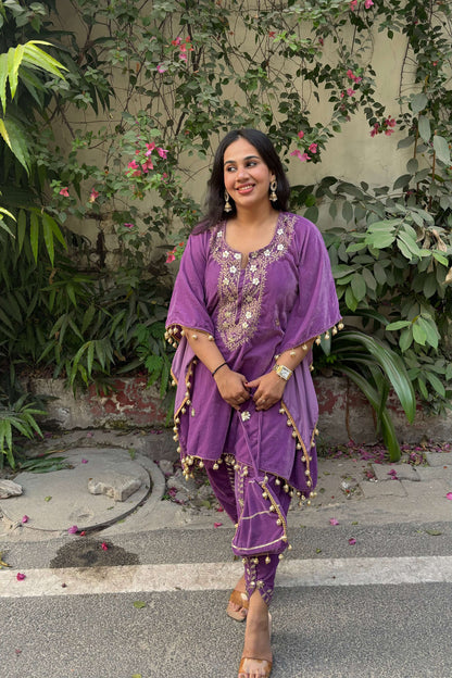 TARA Velvet Purple Hand Work Kaftan Set