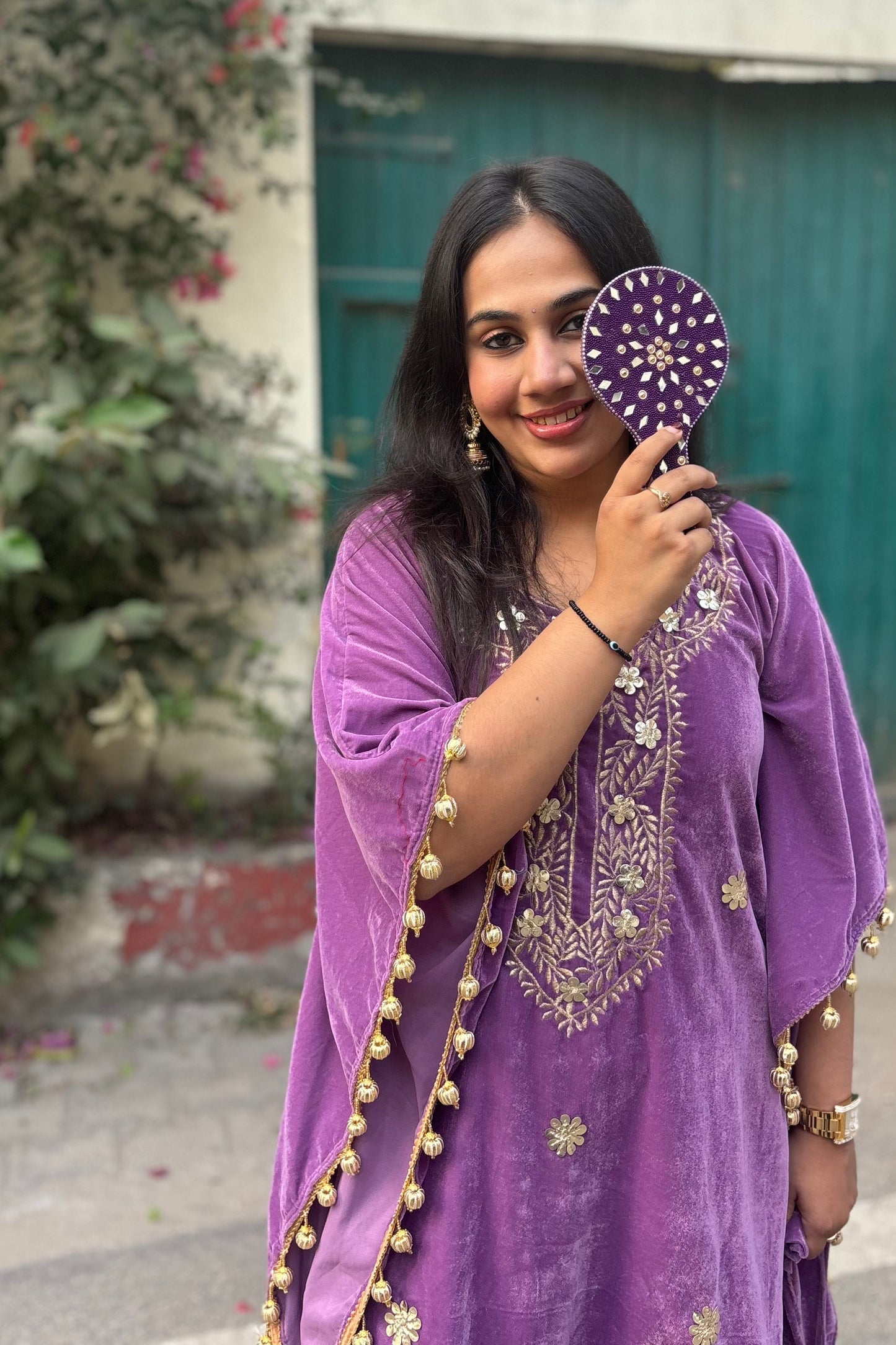 TARA Velvet Purple Hand Work Kaftan Set