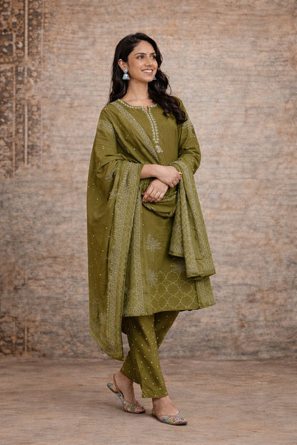 Gul Olive Green Thread worked Polka Kurta Pant Set