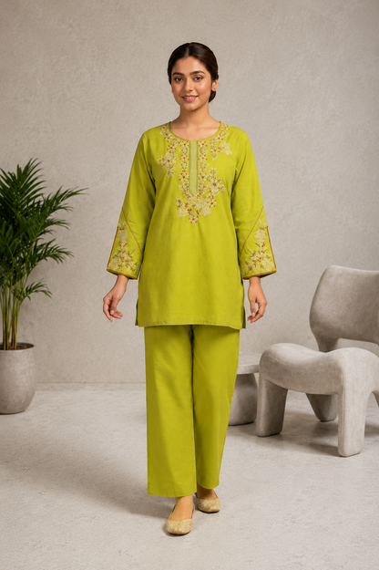 Noor Lime Embroidered Co-Ord Set
