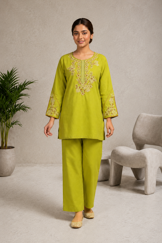 Noor Lime Embroidered Co-Ord Set