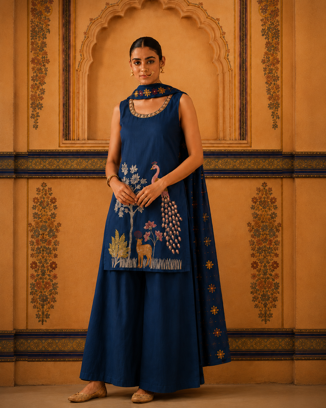 Royal Blue Peacock Embroidered Suit Set