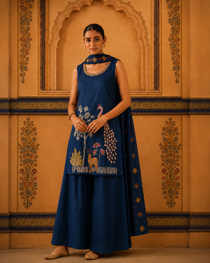 Royal Blue Peacock Embroidered Suit Set