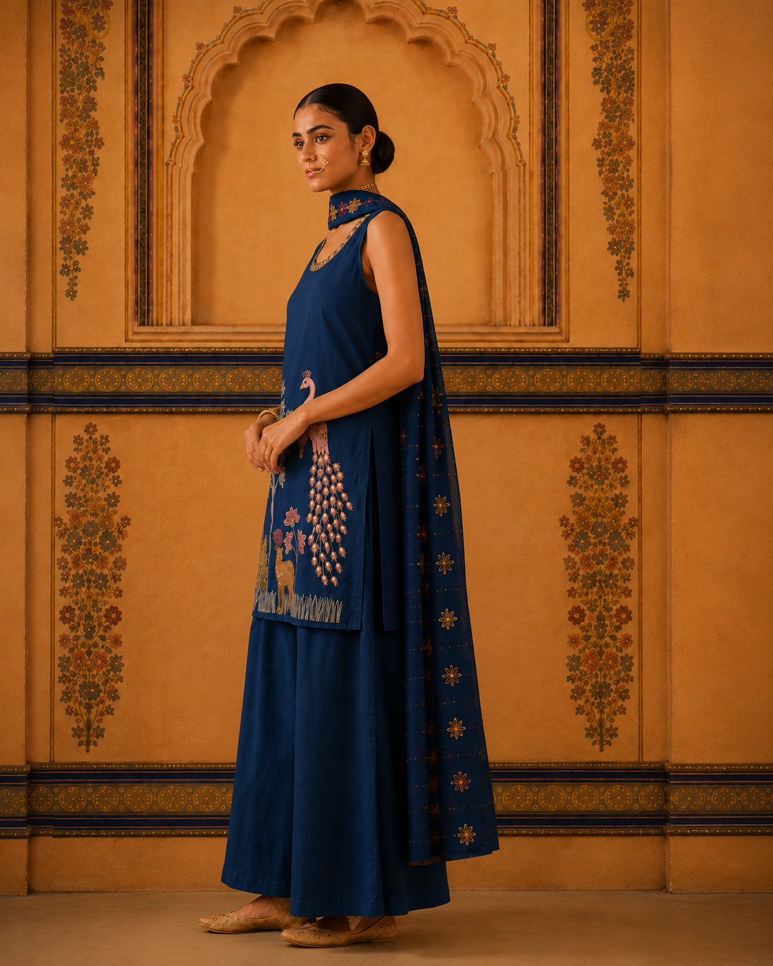 Royal Blue Peacock Embroidered Suit Set