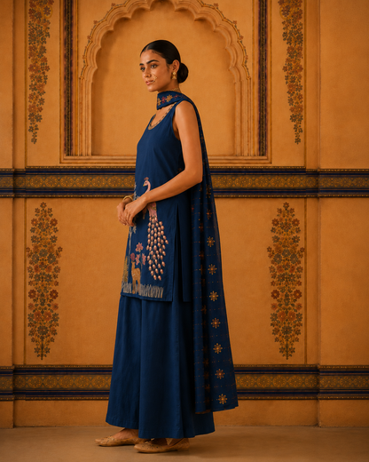 Royal Blue Peacock Embroidered Suit Set