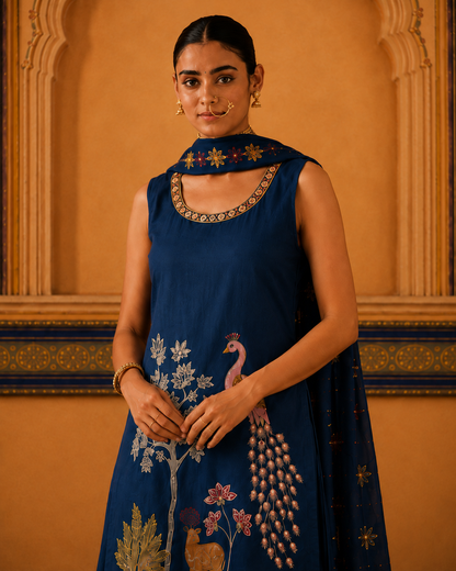 Royal Blue Peacock Embroidered Suit Set