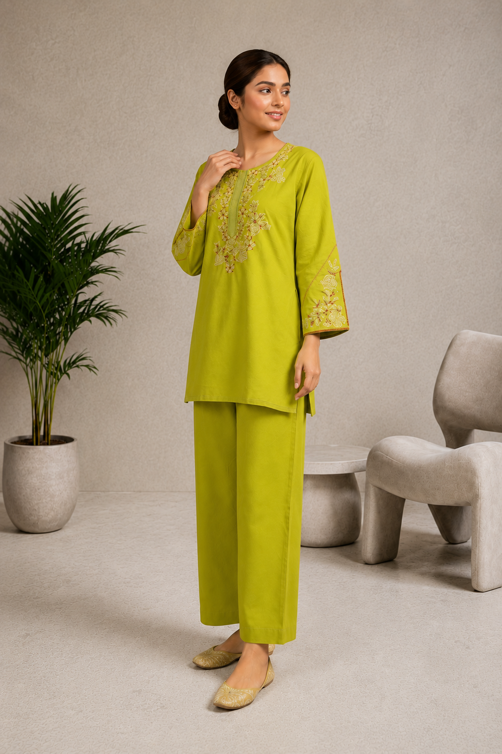 Noor Lime Embroidered Co-Ord Set