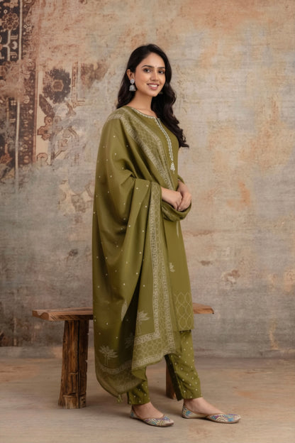 Gul Olive Green Thread worked Polka Kurta Pant Set