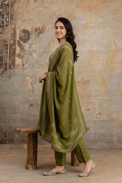Gul Olive Green Thread worked Polka Kurta Pant Set
