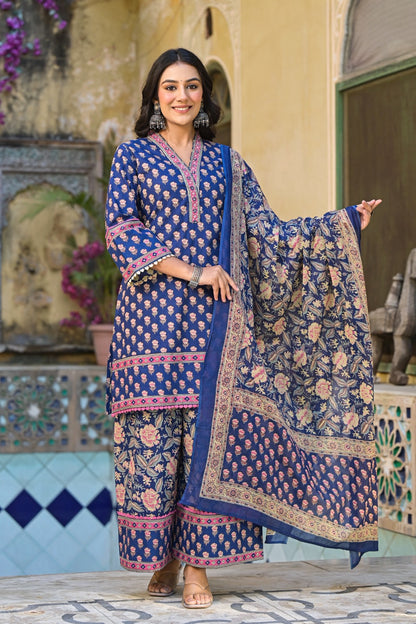 Bahara Lotus Block Print Blue Garara Set