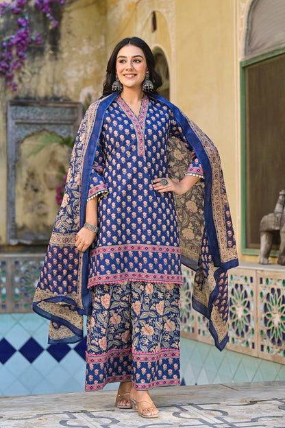 Bahara Lotus Block Print Blue Garara Set