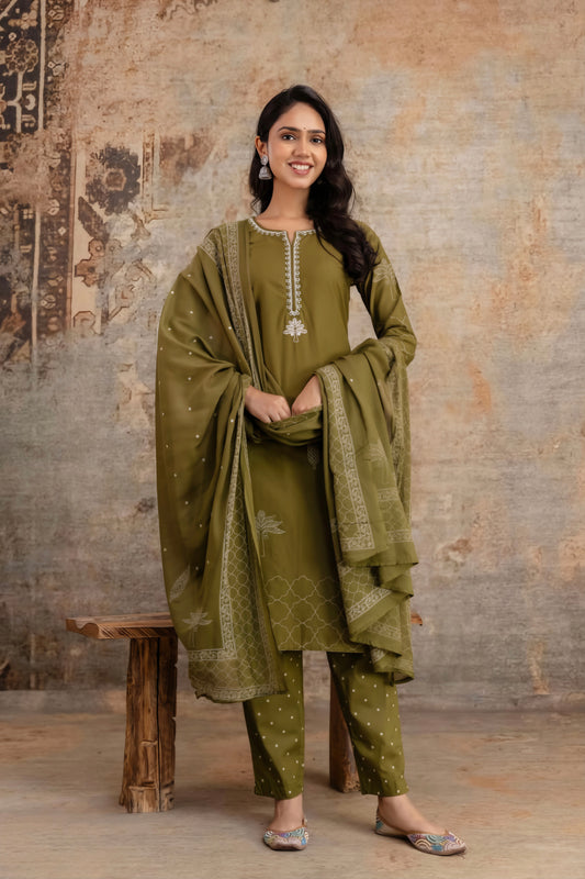 Gul Olive Green Thread worked Polka Kurta Pant Set