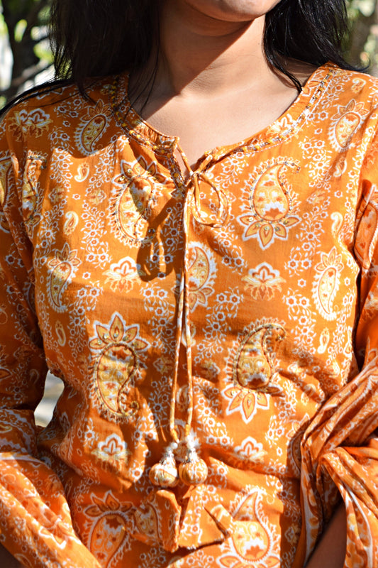 Gul Orange Dori Block Print Suit